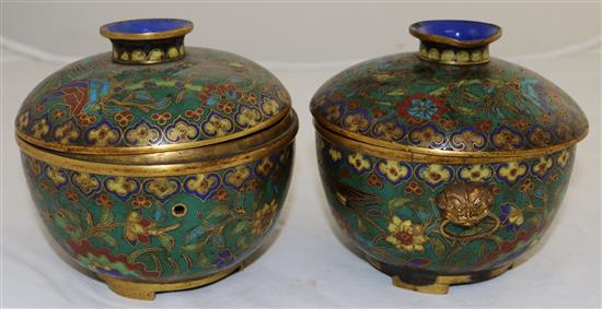 A pair of Chinese cloisonné enamel bowls and covers, first half 19th century, diameter 13.5cm, some losses